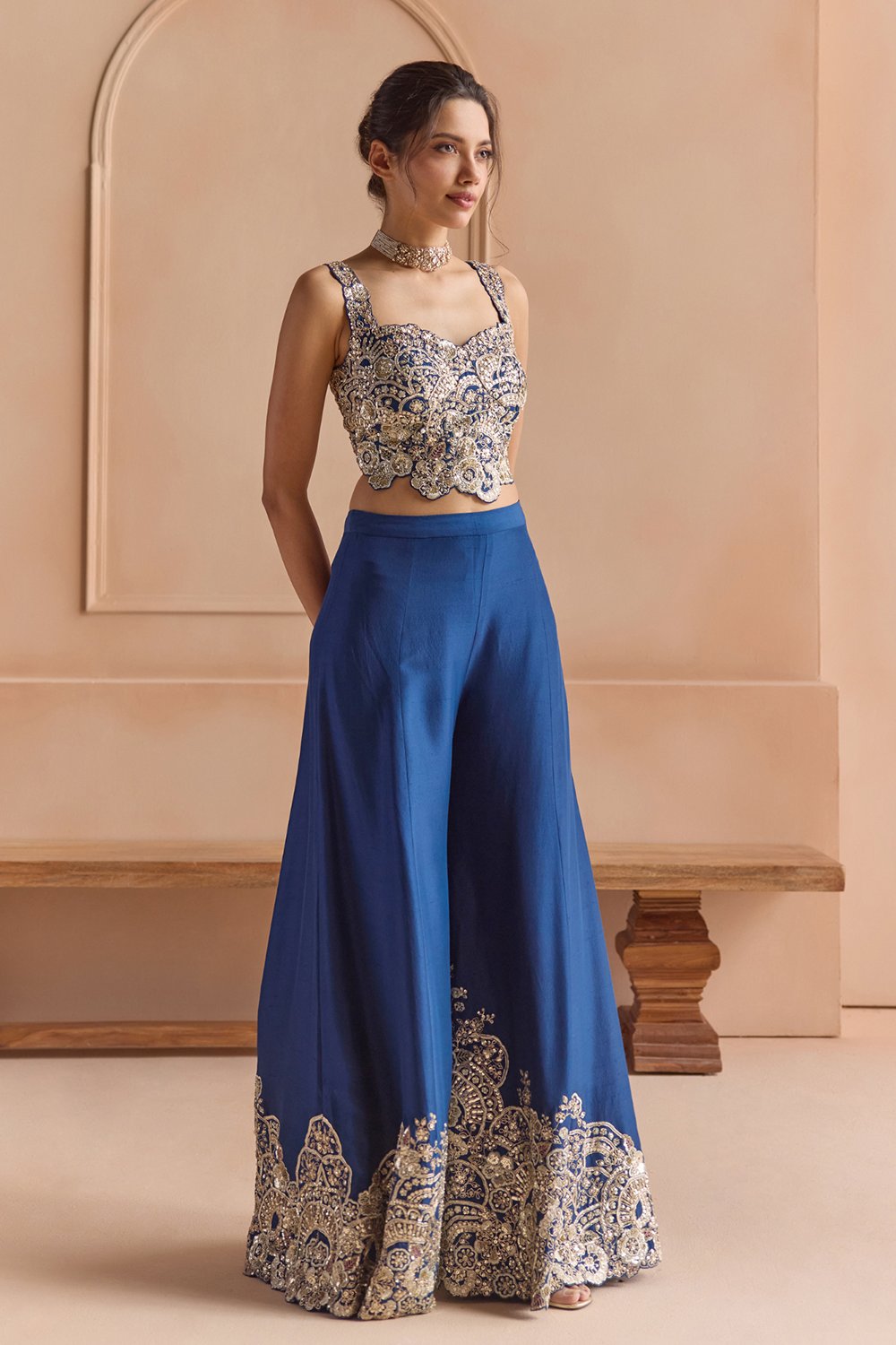 French Navy Embroidered Top & Garara Set