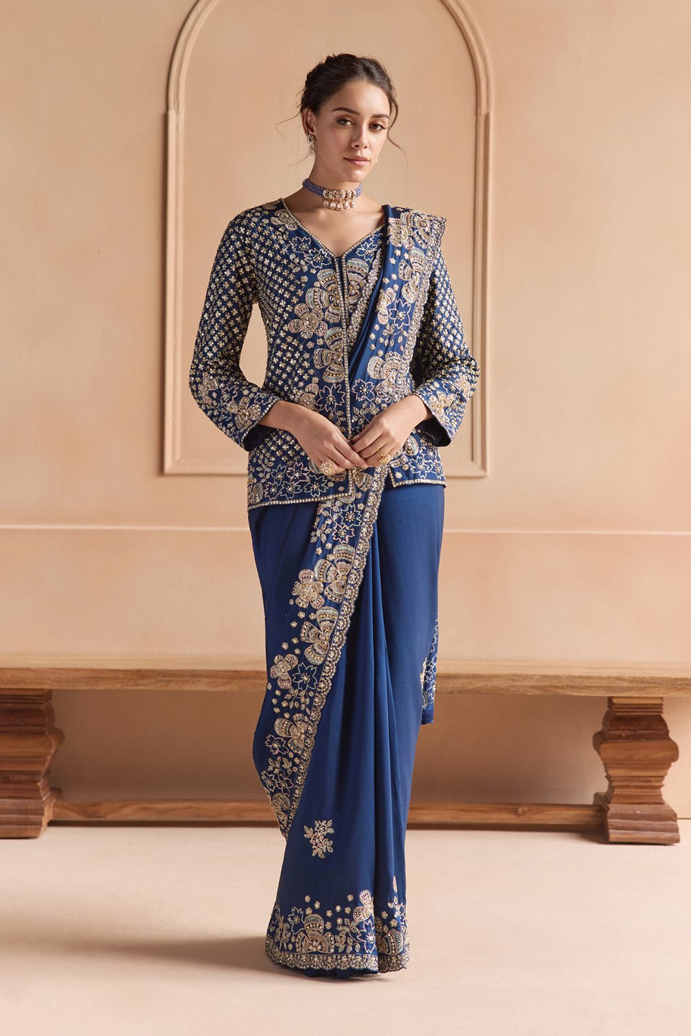 French Navy Saree Set