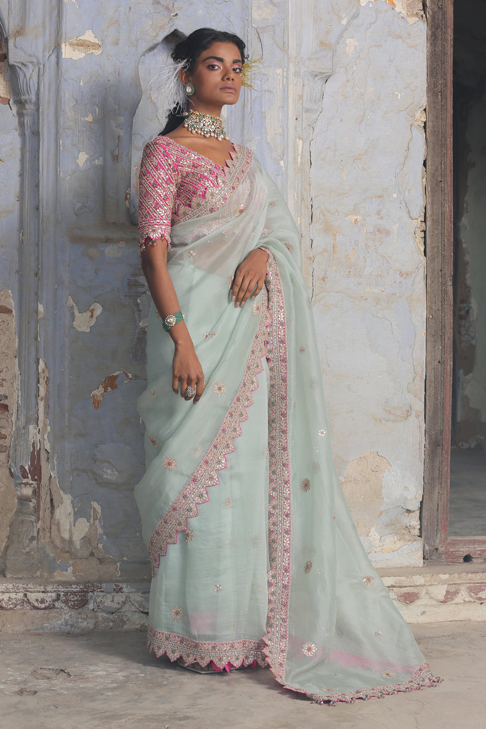 Fuchsia Sea Green Organza Saree