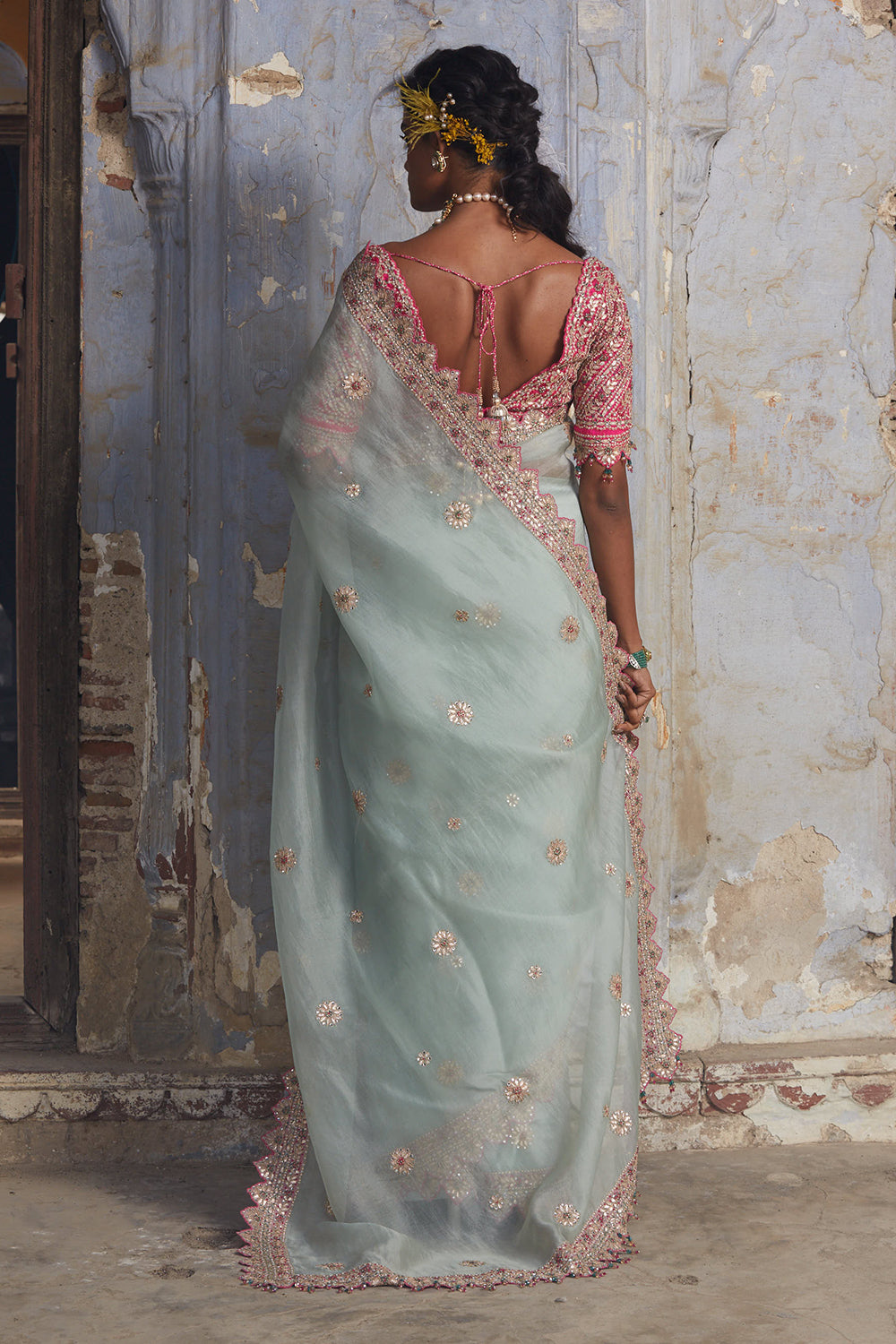 Fuchsia Sea Green Organza Saree