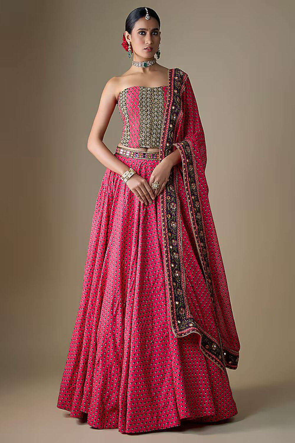 Fuchsia Viscose Raw Silk Zari Embroidered Lehenga Set