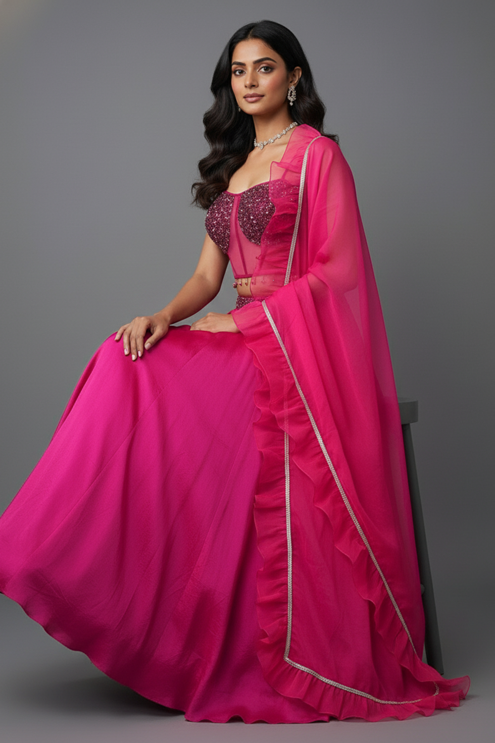 Fuscia Pink Lehenga with Corset Blouse & Dupatta