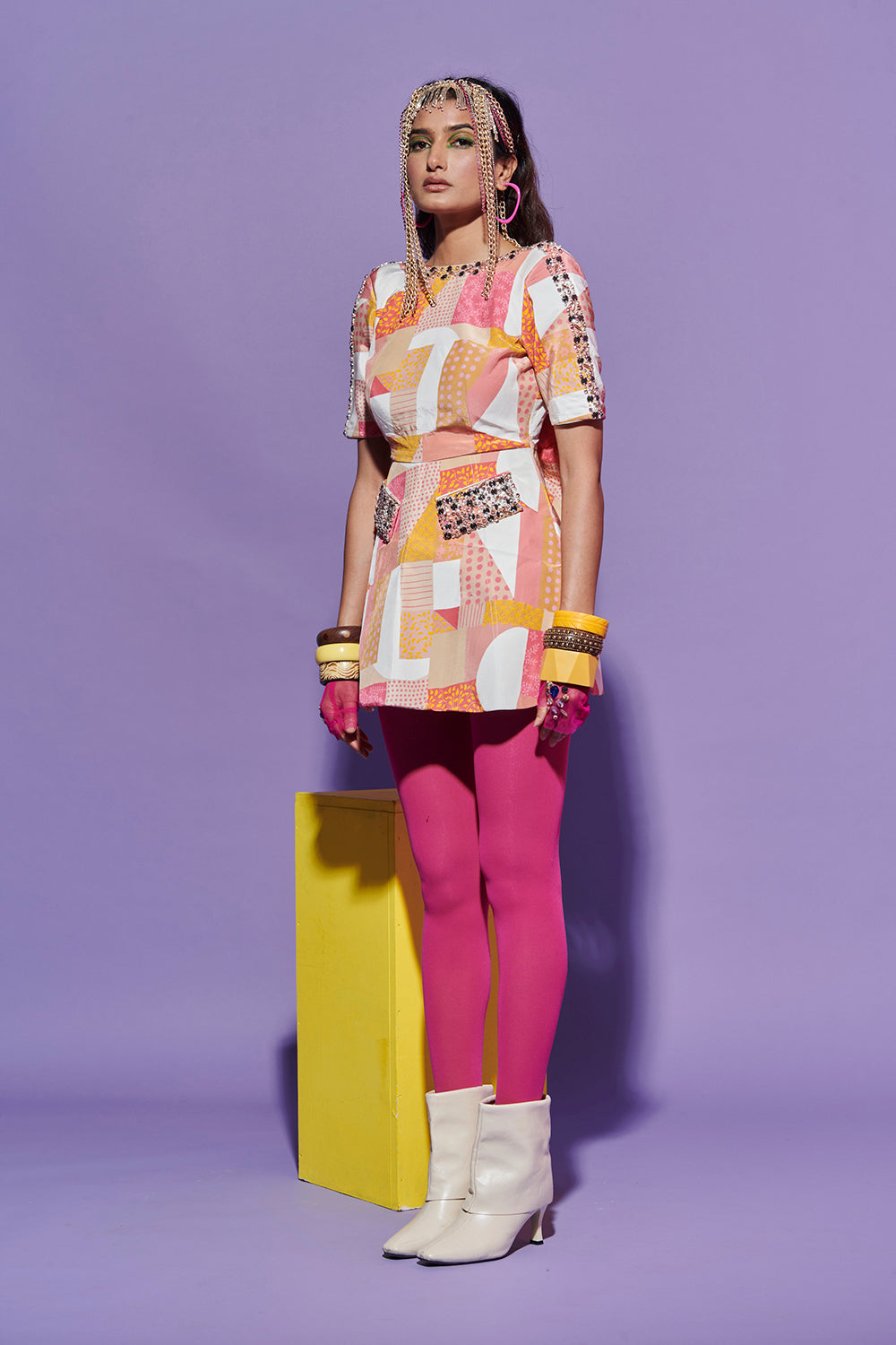 Geometric Print Embroidered Dress
