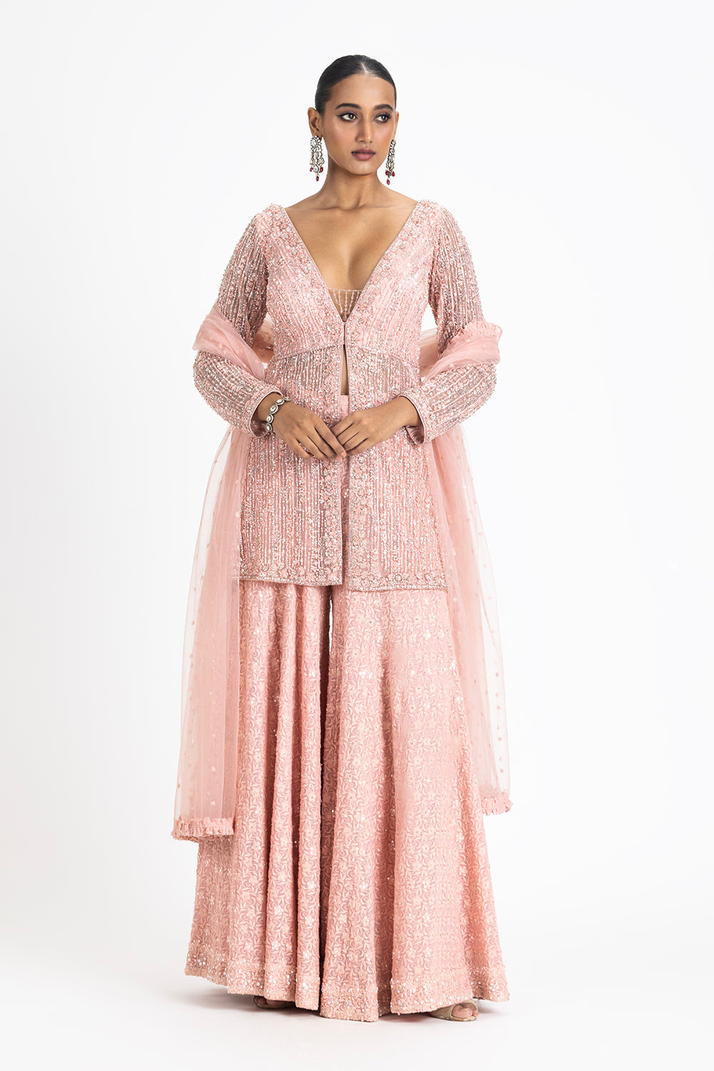 Georgette Rose Pink Fully Embroidered Peplum Top and Sharara