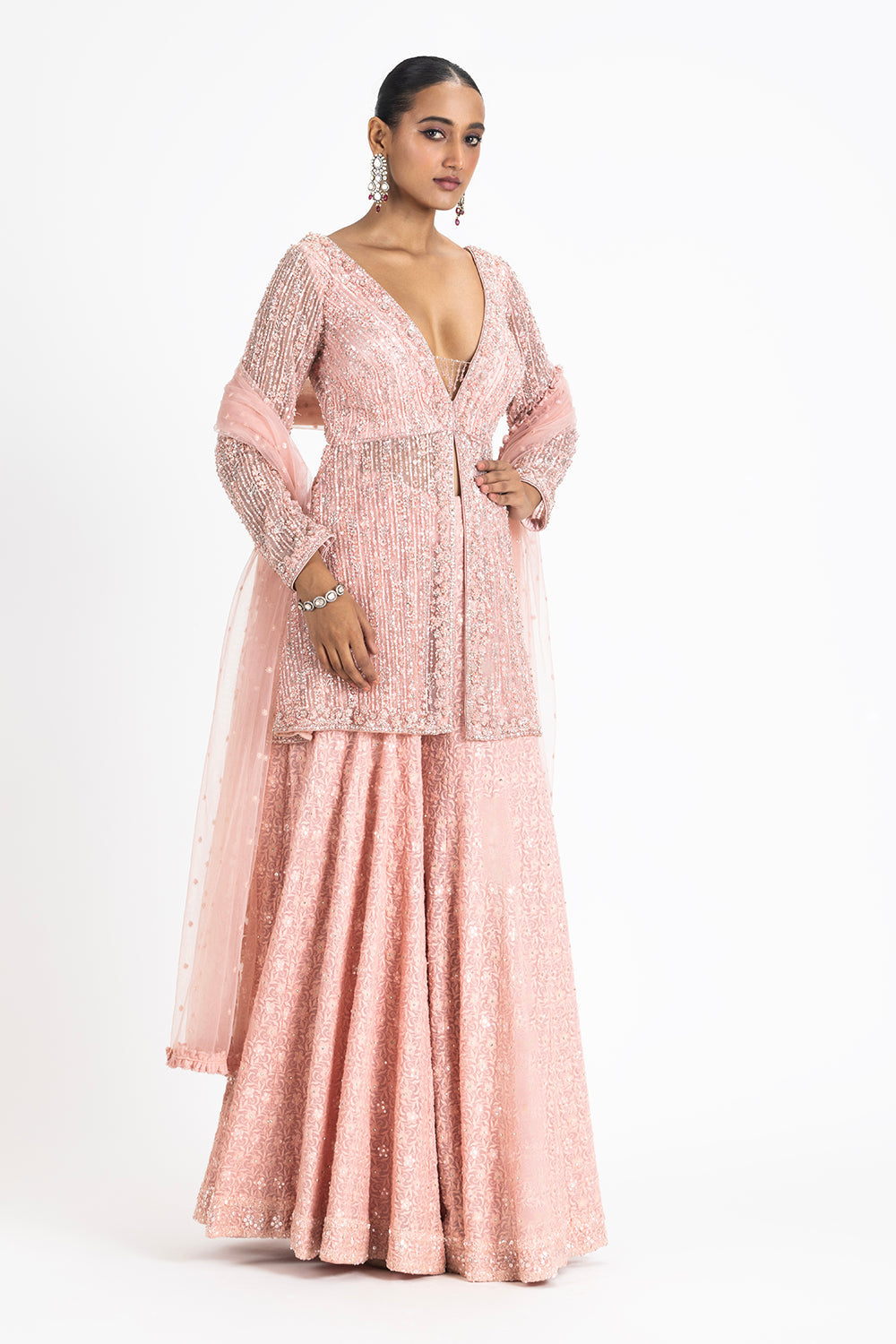 Georgette Rose Pink Fully Embroidered Peplum Top and Sharara