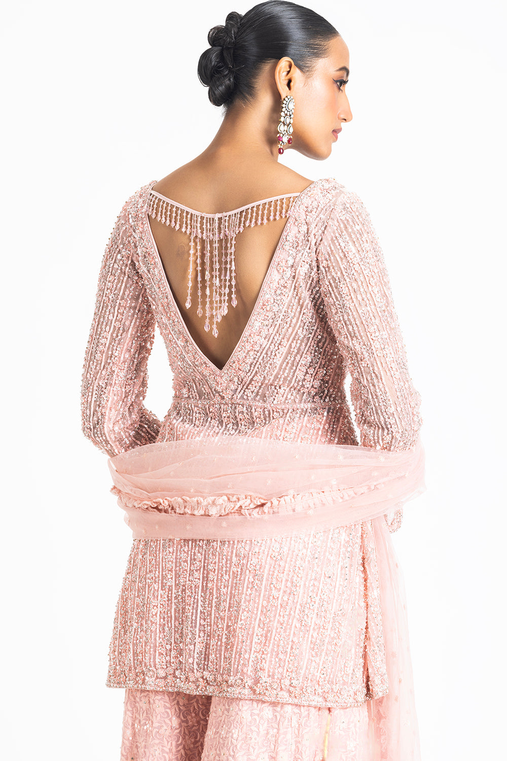 Georgette Rose Pink Fully Embroidered Peplum Top and Sharara