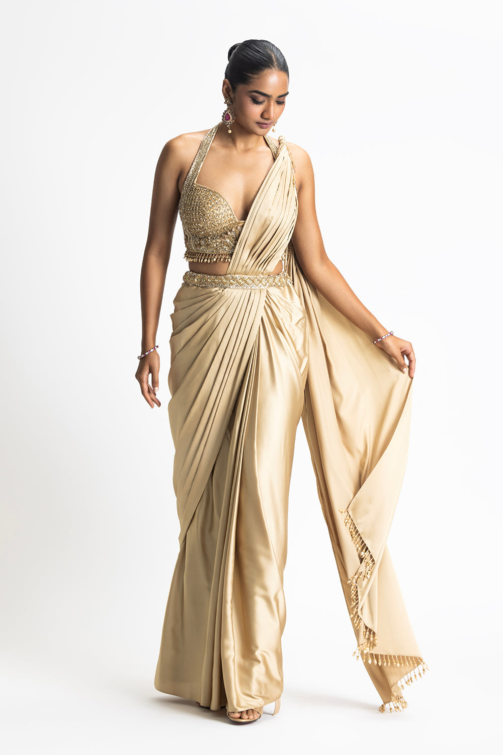 Gold Satin Pre-Draped Saree