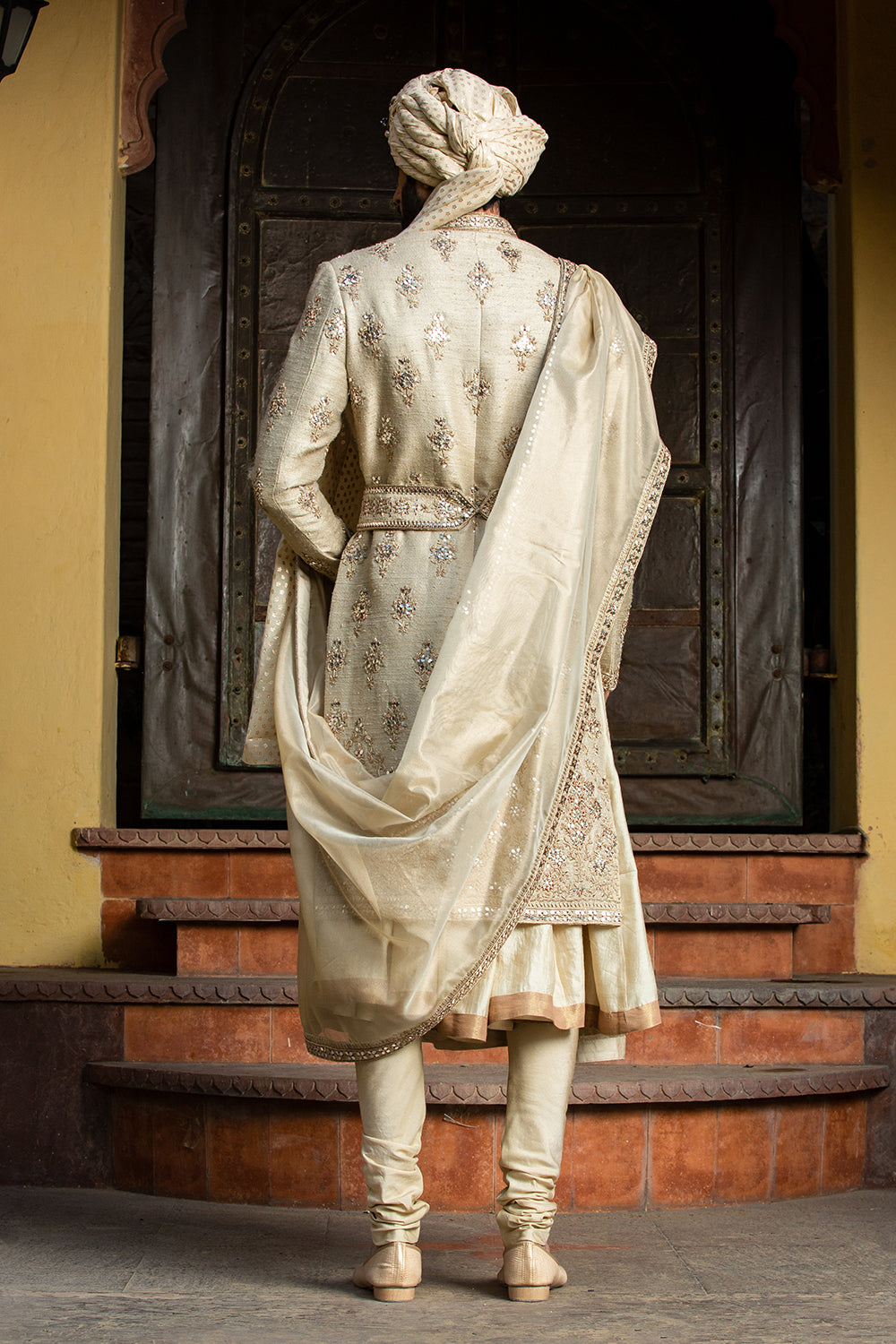 Gold Twill Matka Achkan With Belt Zardozi Embroidered With Monga Gathered Kurta And Churidar
