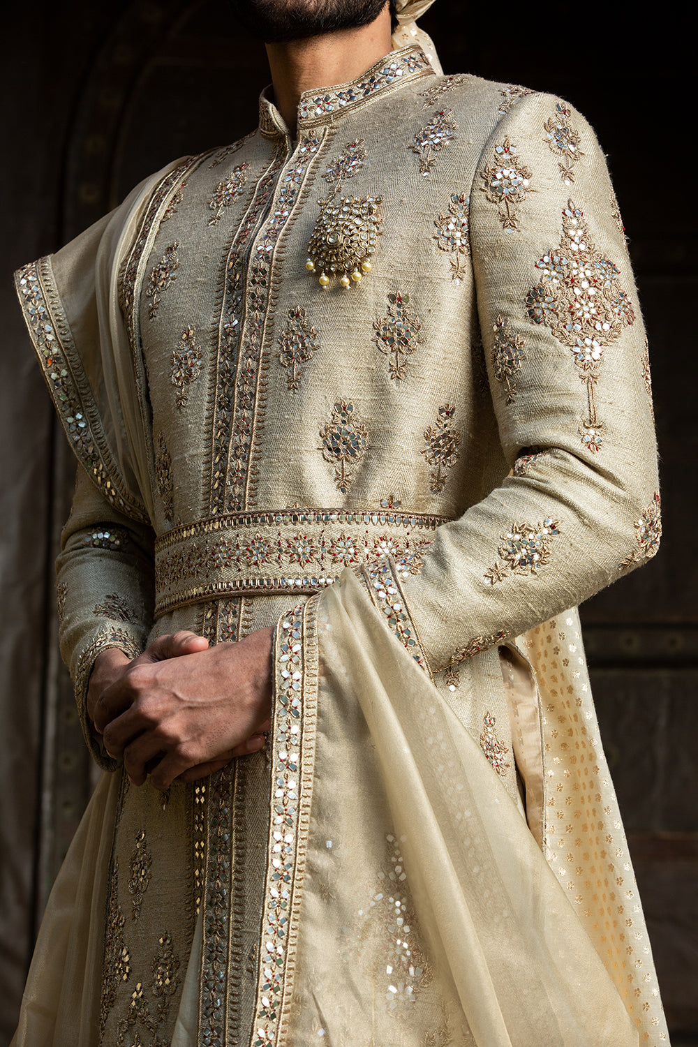 Gold Twill Matka Achkan With Belt Zardozi Embroidered With Monga Gathered Kurta And Churidar