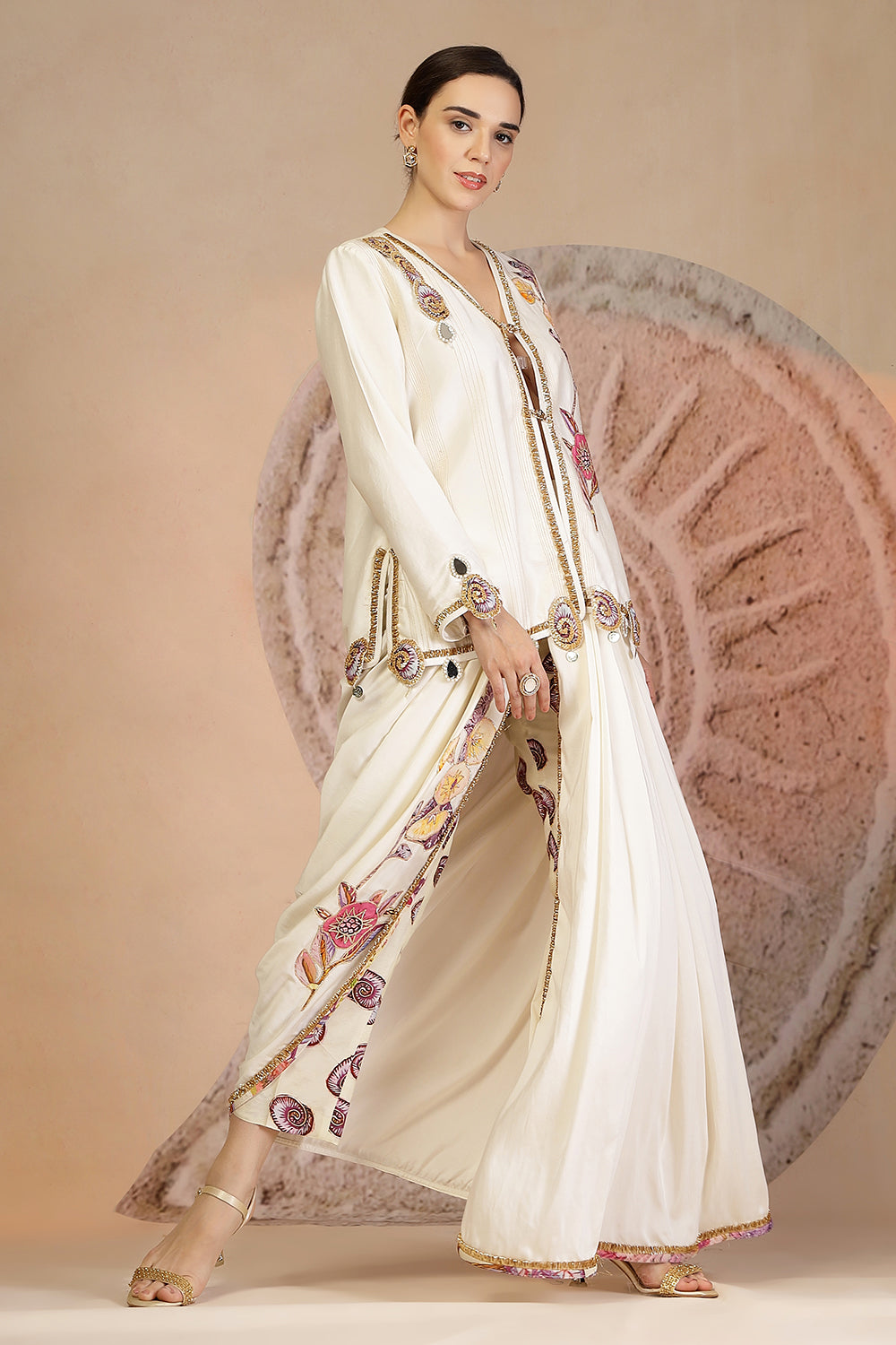 Golden Beige Draped Dhoti Pants Set with Button-Down Blouse & Patchwork Detailing