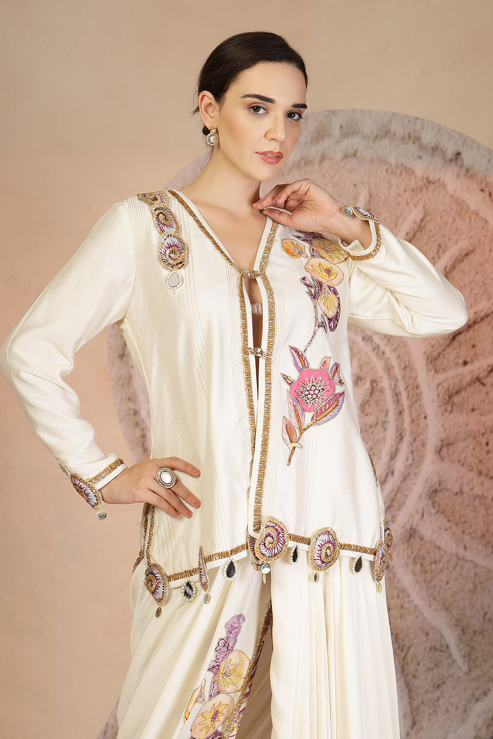 Golden Beige Draped Dhoti Pants Set with Button-Down Blouse & Patchwork Detailing