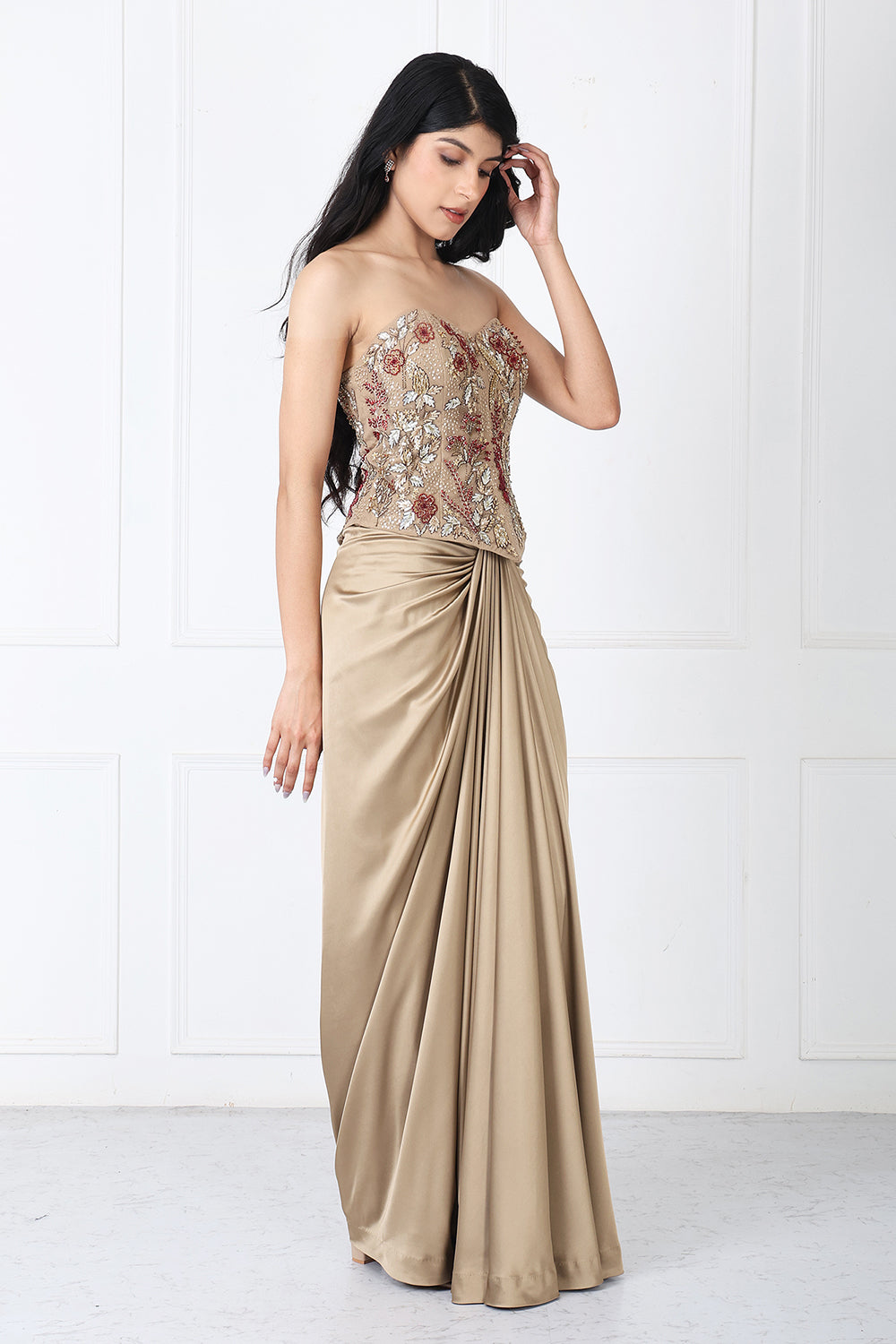 Golden Brown Drape Skirt With Embroidered Corset