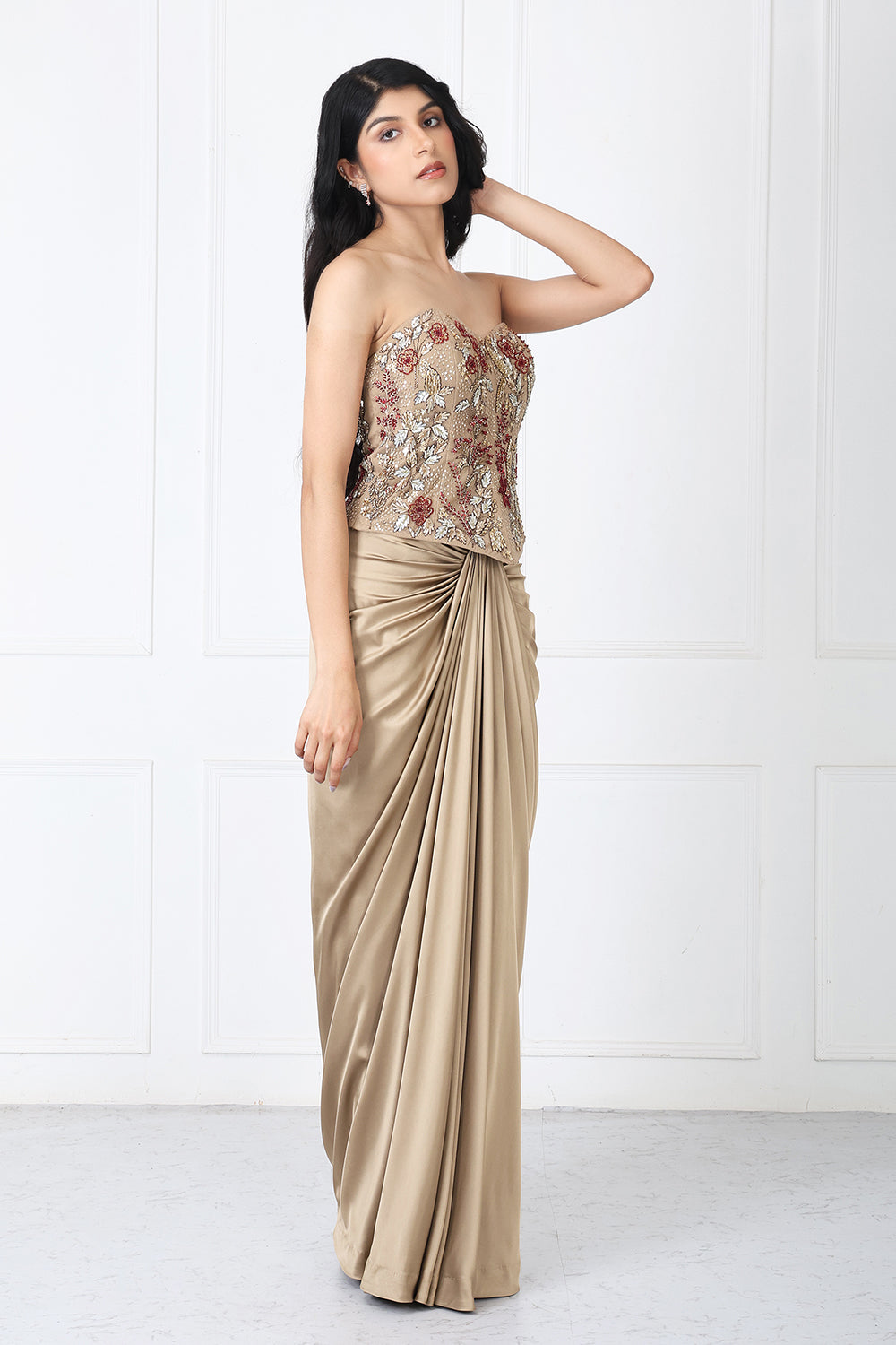 Golden Brown Drape Skirt With Embroidered Corset