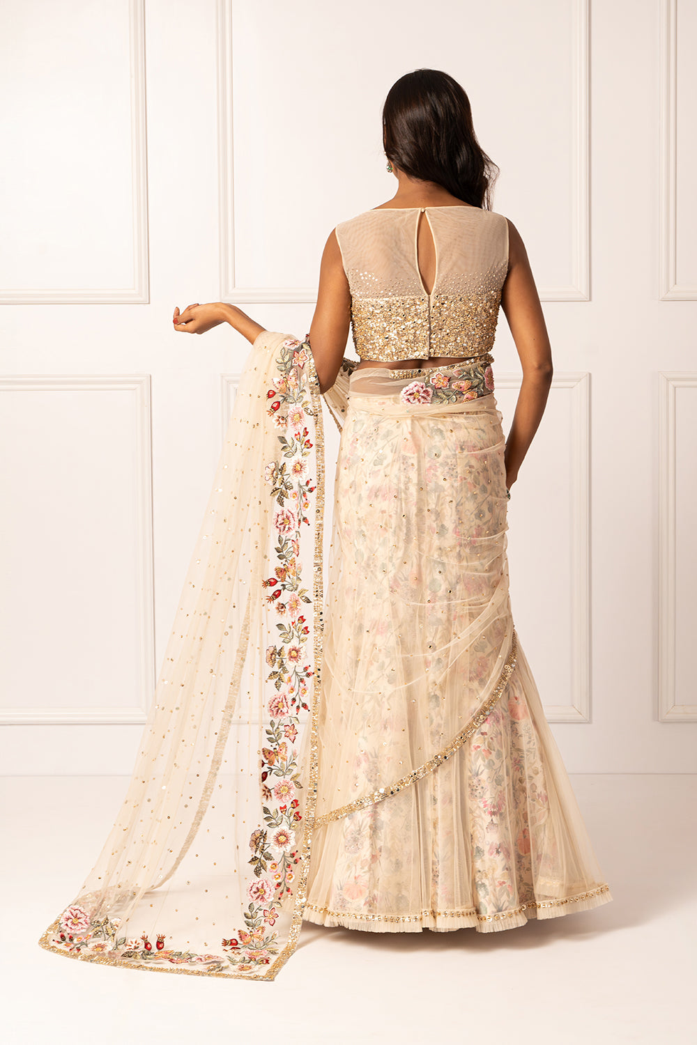 Golden embroidered drape saree set