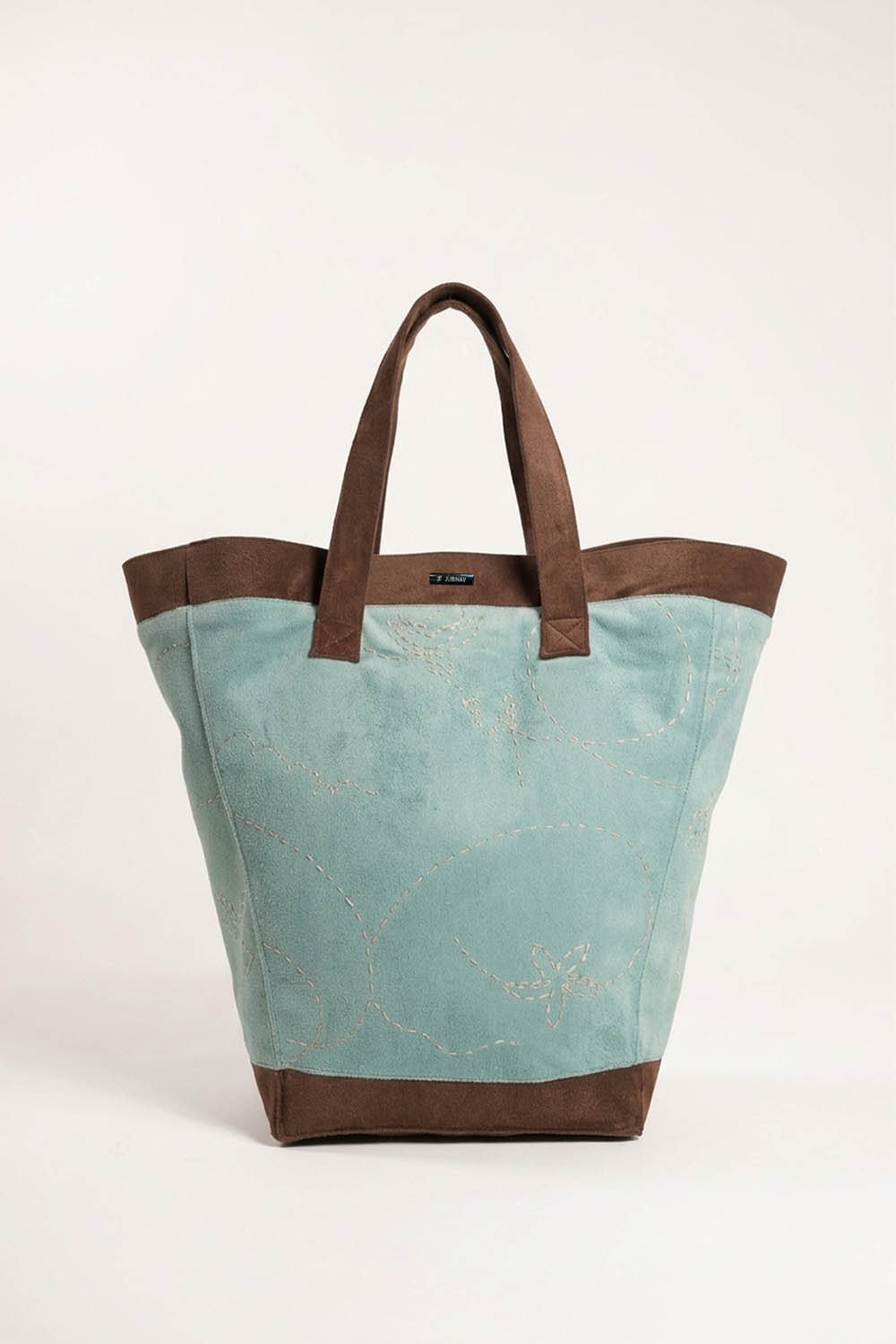 Green & Brown Suede Basket Bag with Kantha Embroidery