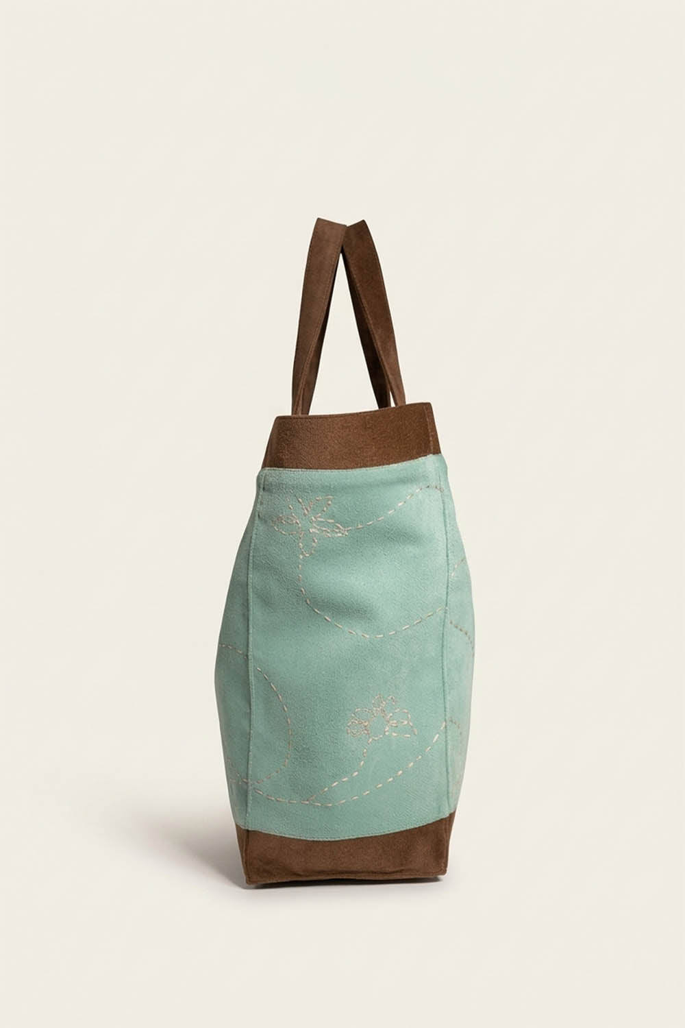 Green & Brown Suede Basket Bag with Kantha Embroidery