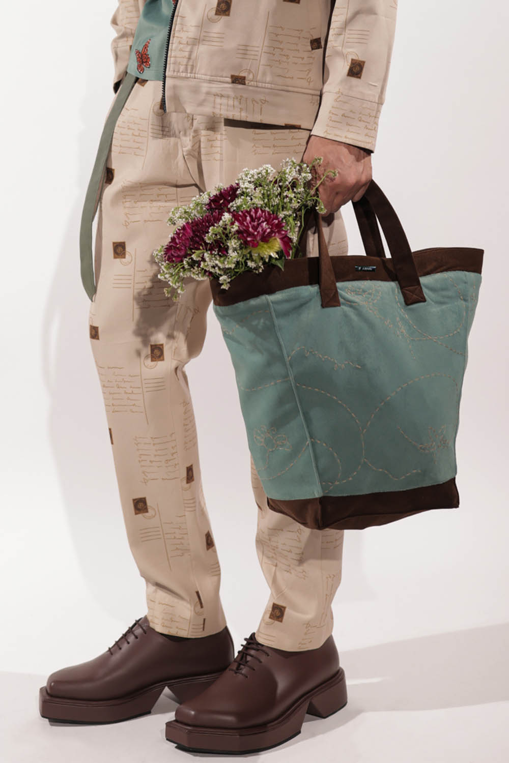 Green & Brown Suede Basket Bag with Kantha Embroidery