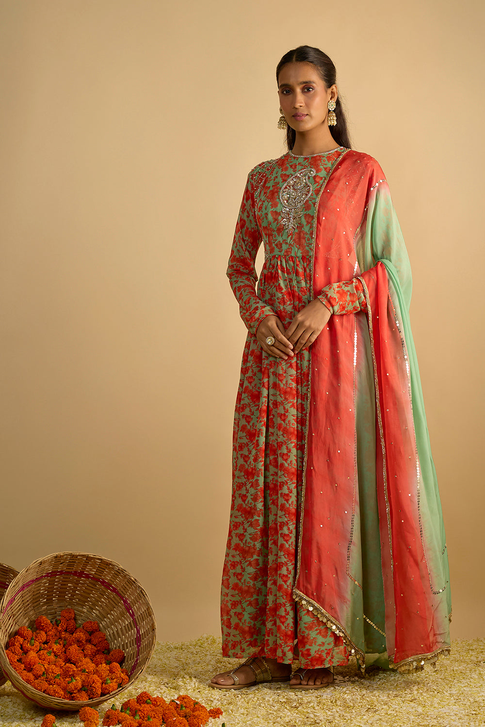 Green and Orange Floral Printed Hand Embroidered Anarkali with hand embellished shaded organza dupatta