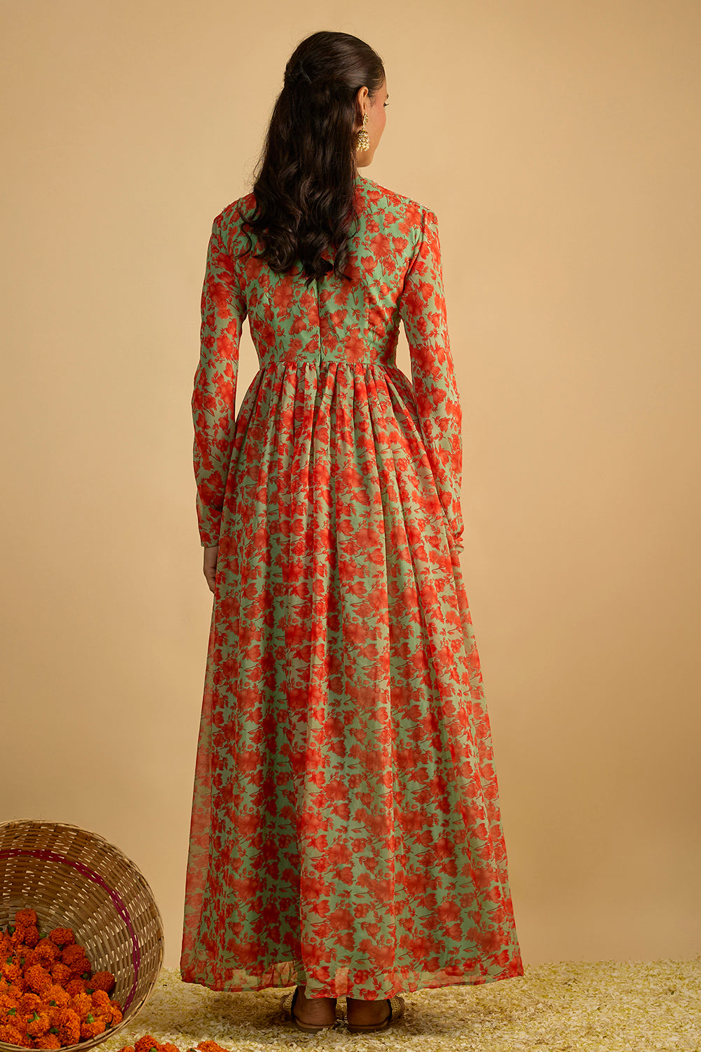 Green and Orange Floral Printed Hand Embroidered Anarkali with hand embellished shaded organza dupatta