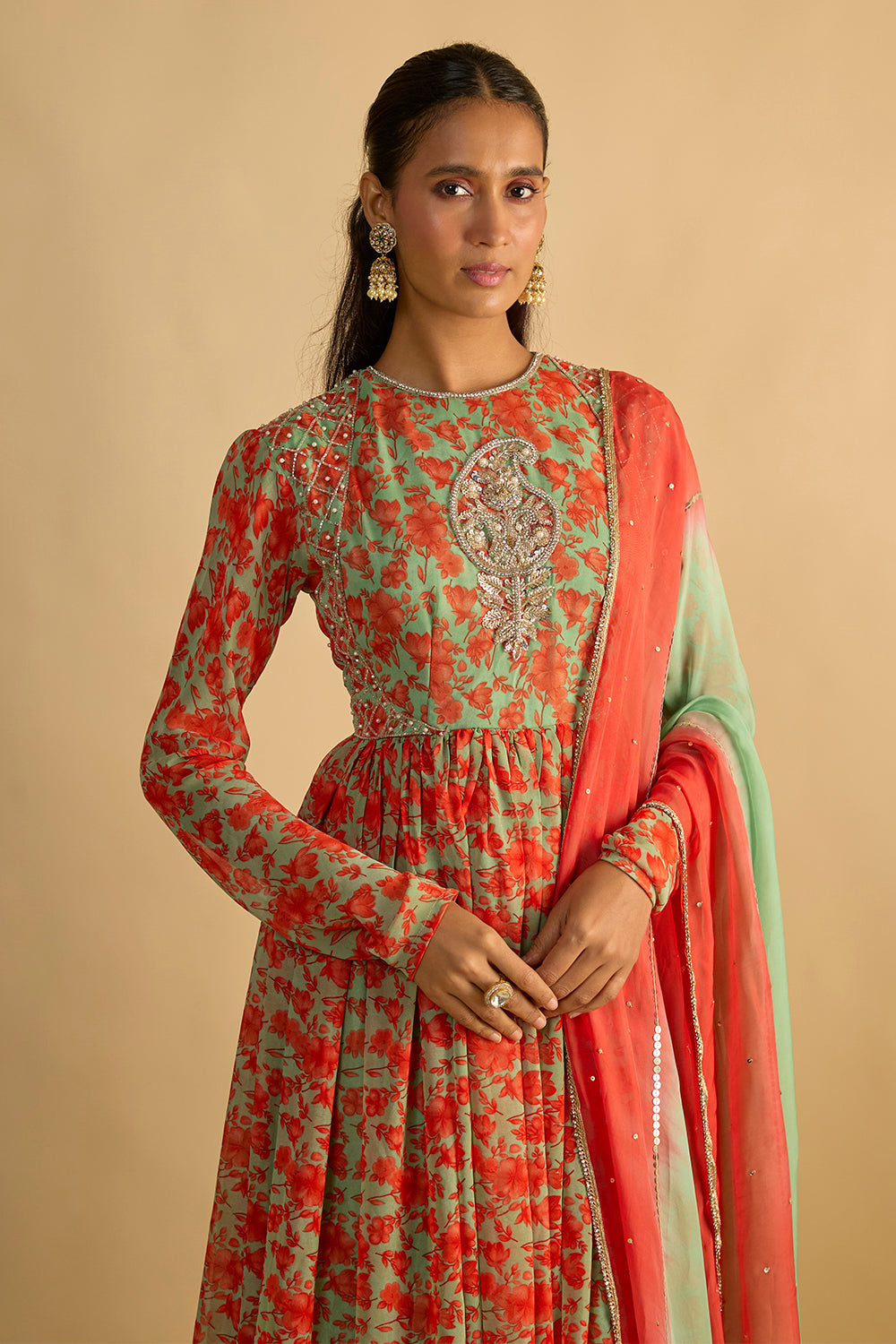 Green and Orange Floral Printed Hand Embroidered Anarkali with hand embellished shaded organza dupatta