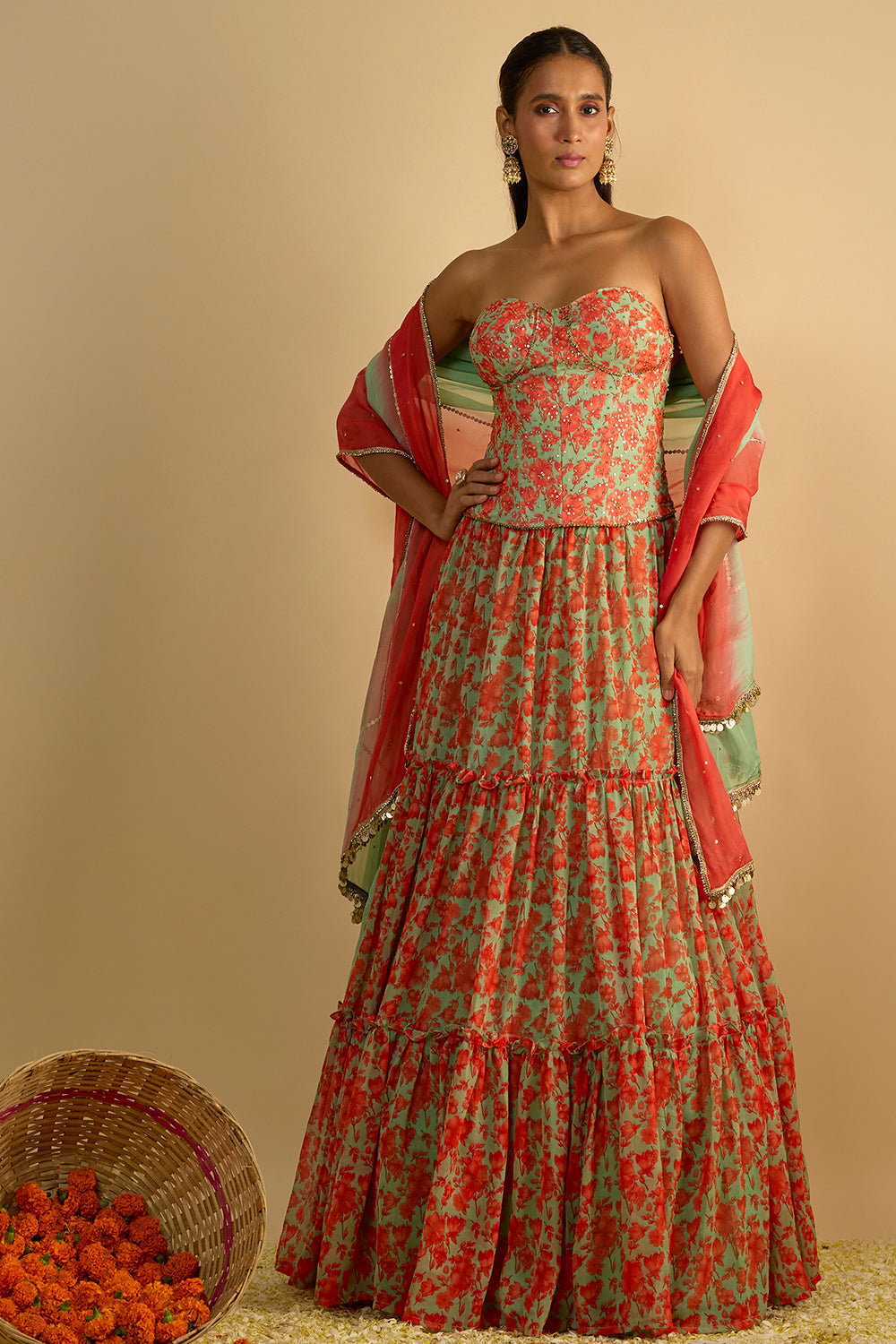 Green and Orange Floral Printed Hand Embroidered Corset with Gathered Lehenga and Shaded hand embellished organza dupatta
