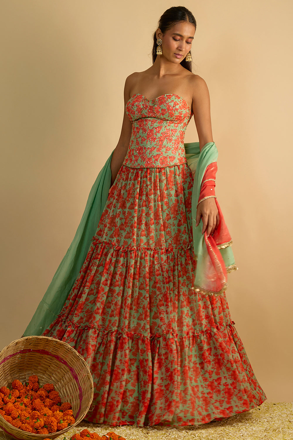 Green and Orange Floral Printed Hand Embroidered Corset with Gathered Lehenga and Shaded hand embellished organza dupatta