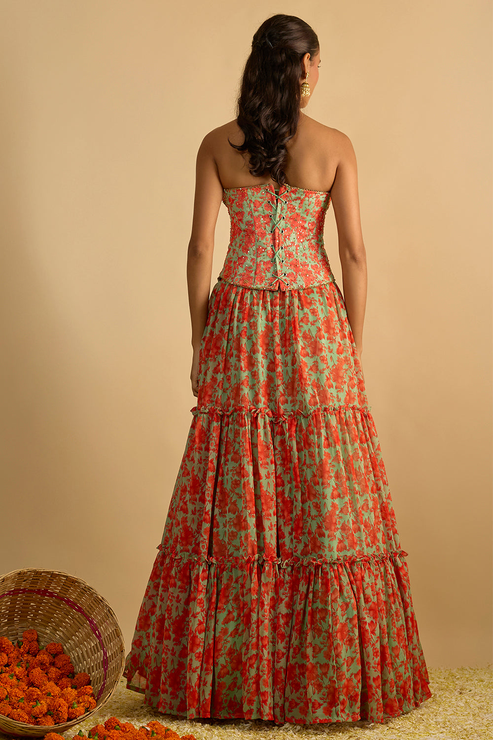Green and Orange Floral Printed Hand Embroidered Corset with Gathered Lehenga and Shaded hand embellished organza dupatta