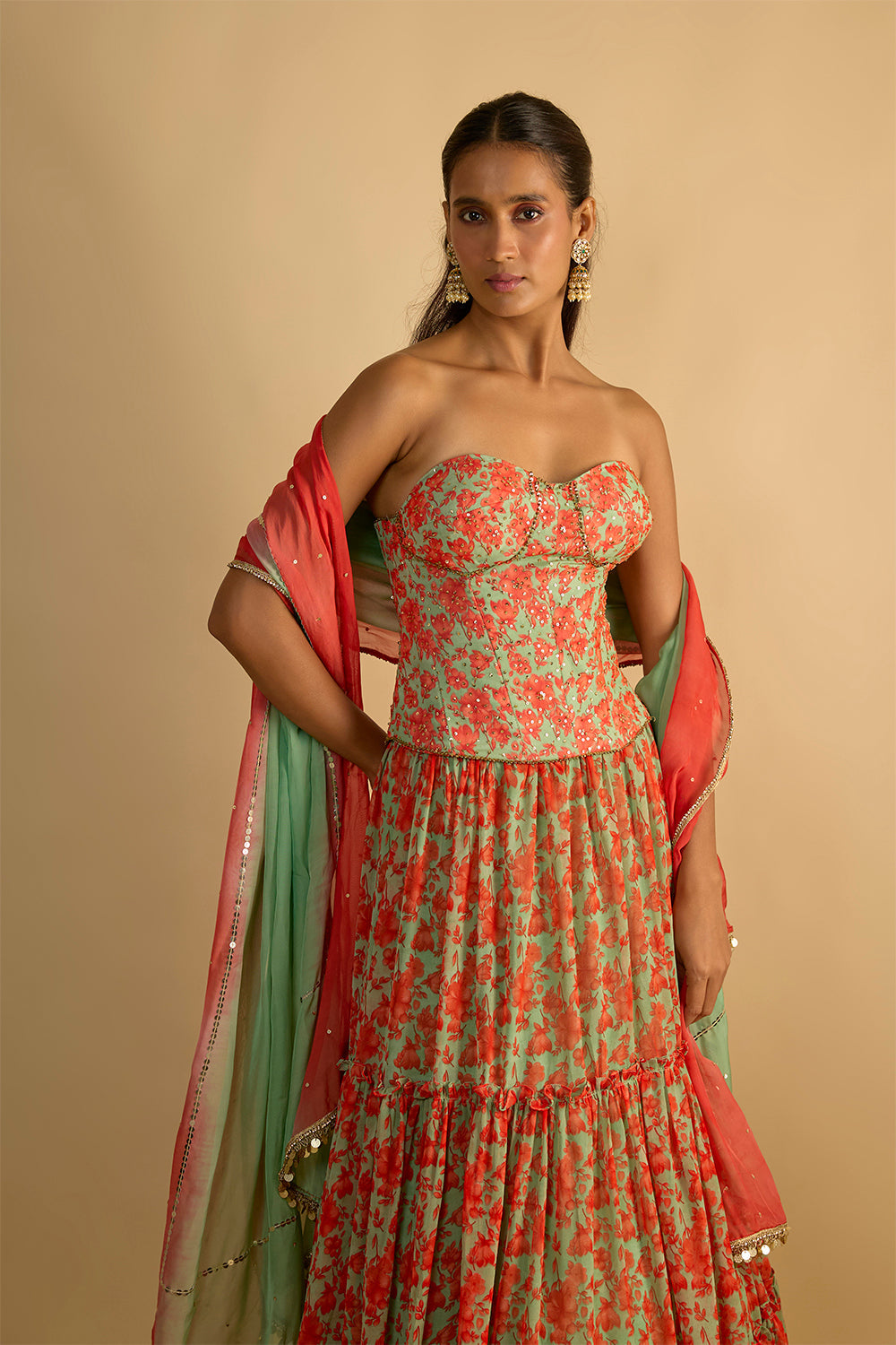 Green and Orange Floral Printed Hand Embroidered Corset with Gathered Lehenga and Shaded hand embellished organza dupatta