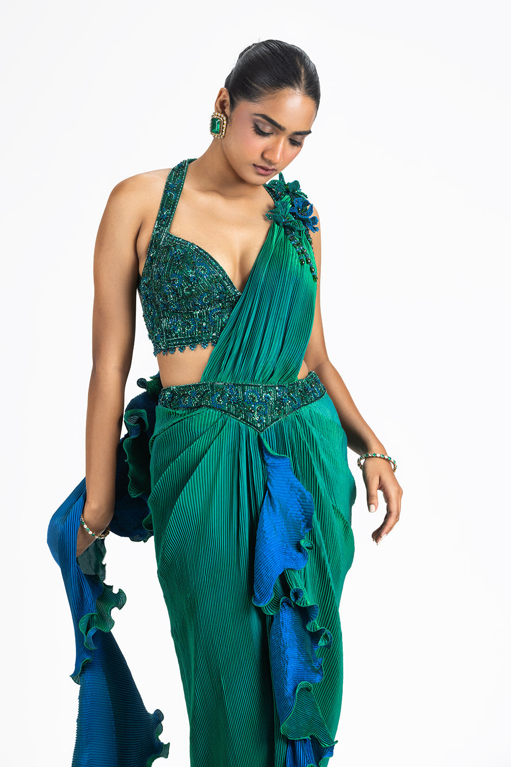 Green Blue Reversible Pleated Fabric Saree