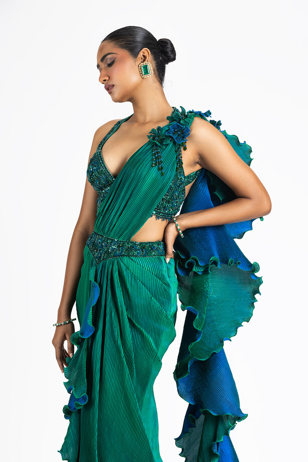 Green Blue Reversible Pleated Fabric Saree