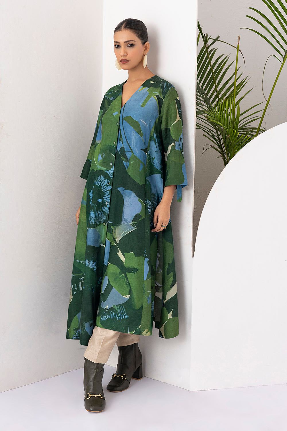 Green & Blue Viscose Dupion Printed Dress