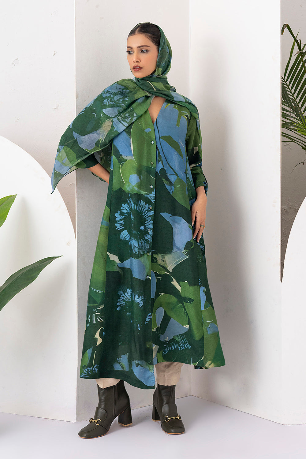Green & Blue Viscose Dupion Printed Dress