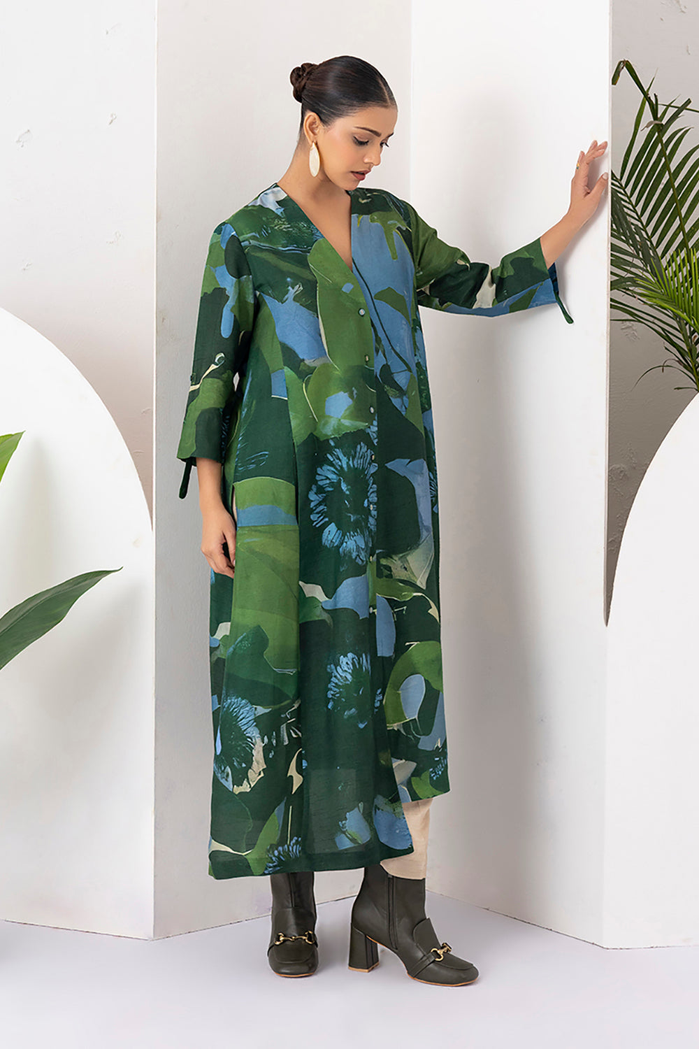 Green & Blue Viscose Dupion Printed Dress