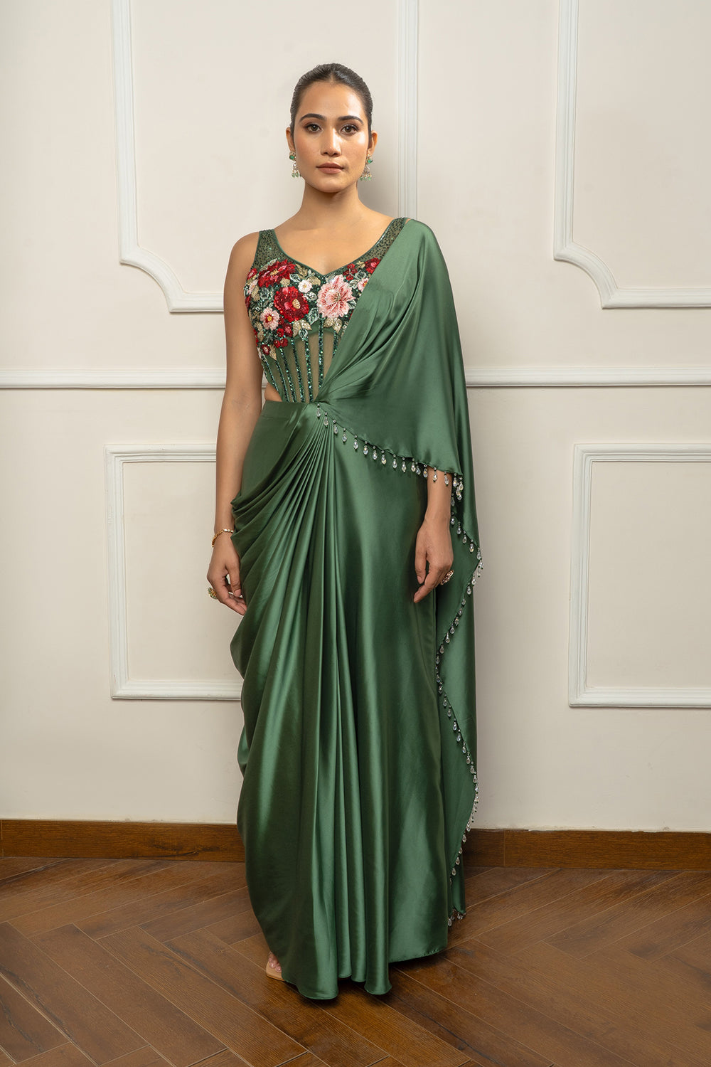 Green Drape Saree set