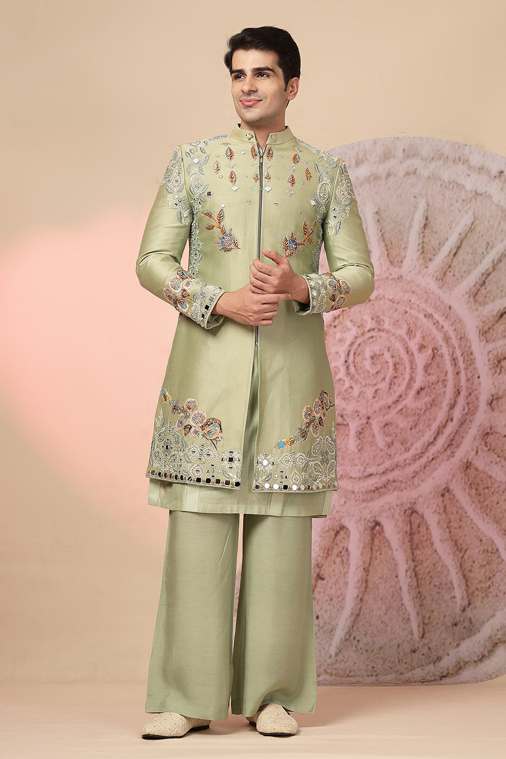 Green Embroidered Kurta with Jacket and Palazzo Pant