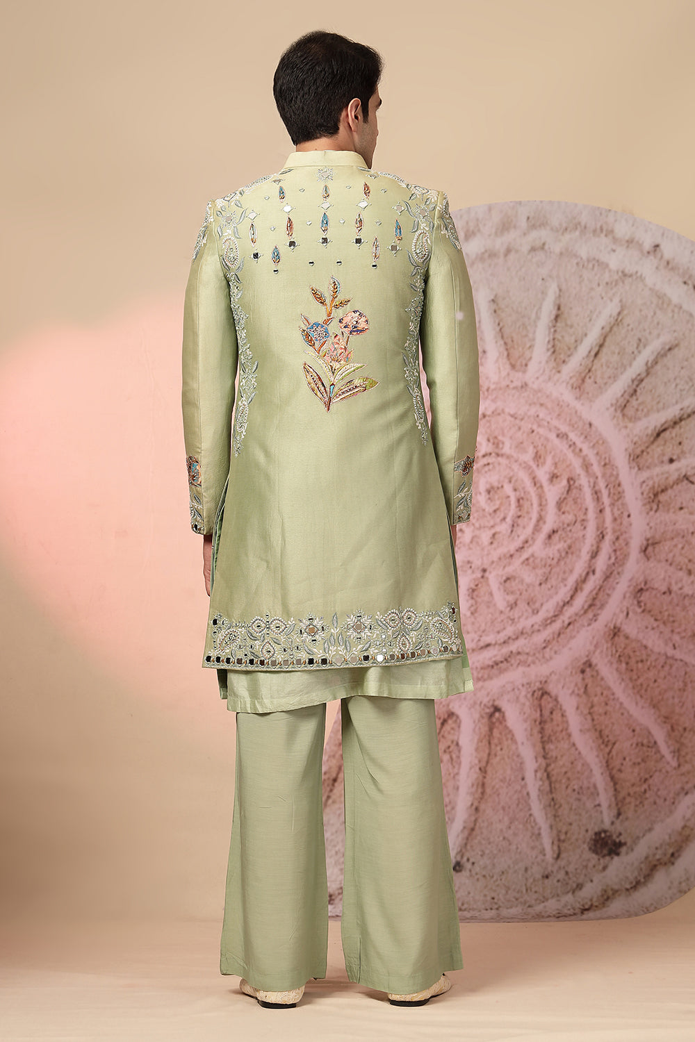 Green Embroidered Kurta with Jacket and Palazzo Pant