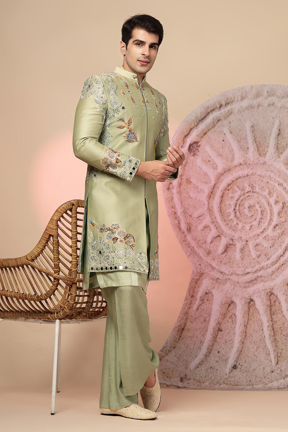 Green Embroidered Kurta with Jacket and Palazzo Pant