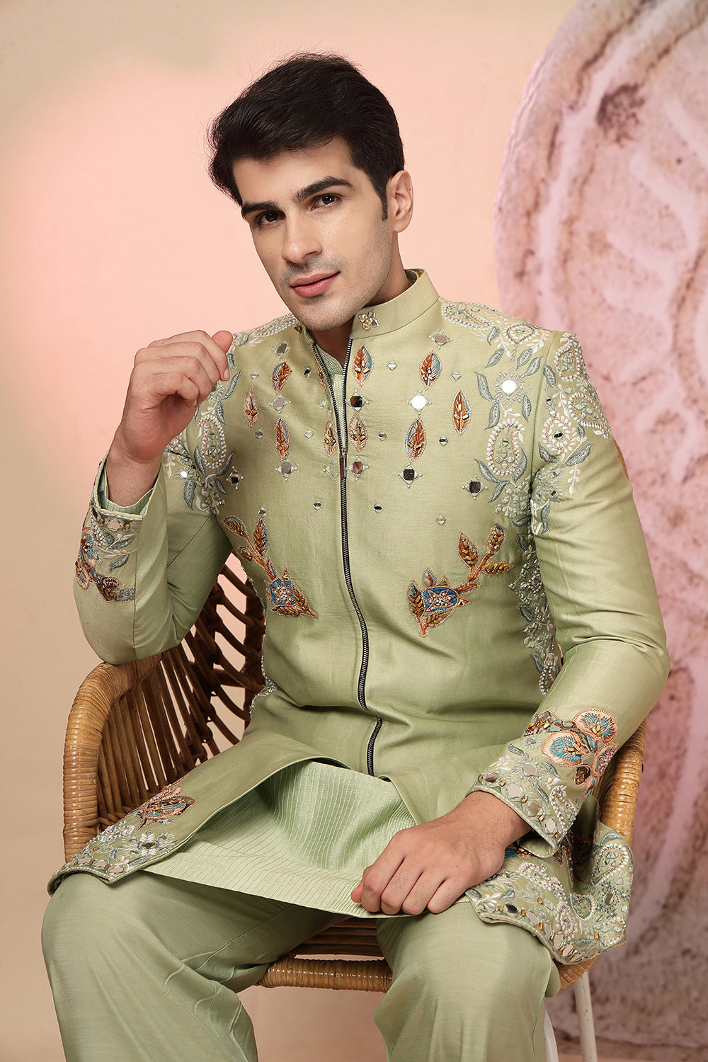 Green Embroidered Kurta with Jacket and Palazzo Pant
