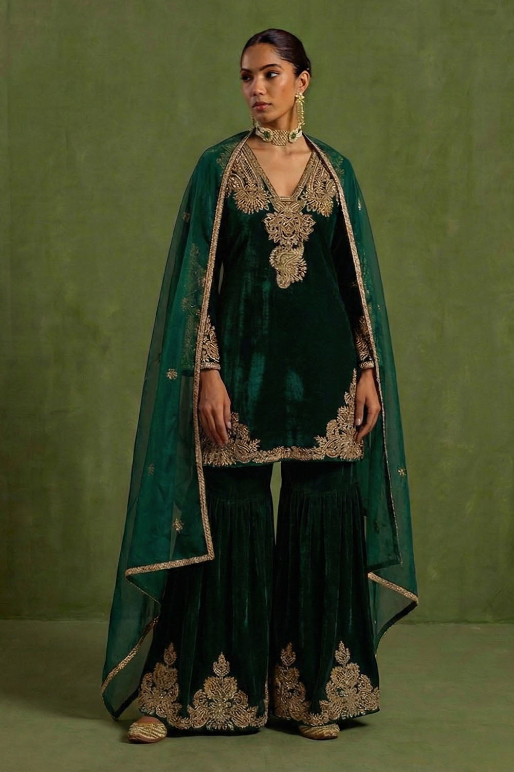 Green Embroidered Sharara Set with Organza Dupatta