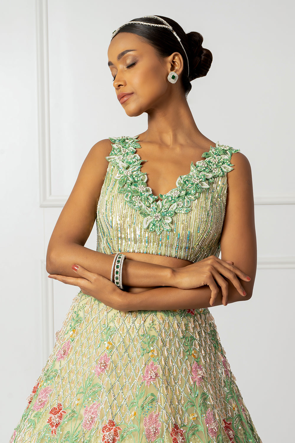 Green floral 3D lehenga set