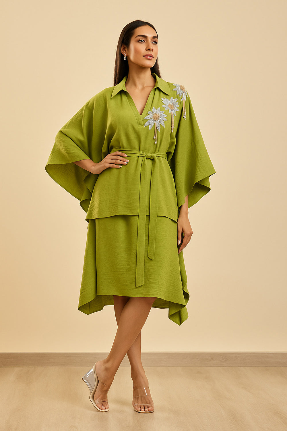 Green Kaftan Short Dress With A Sash Tie Up
