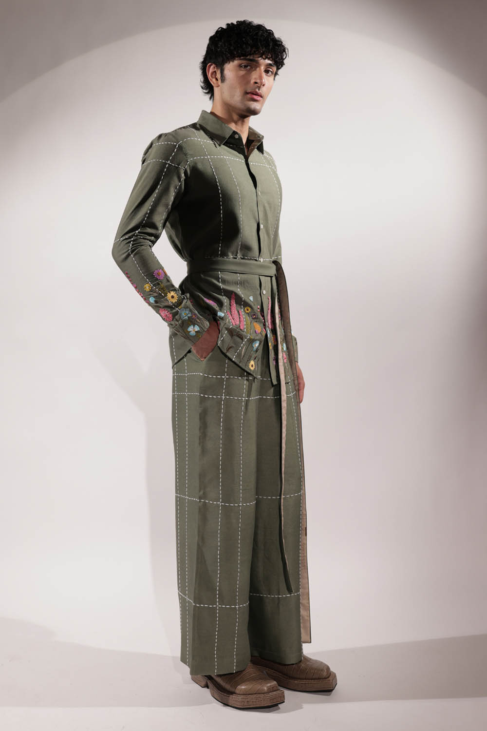 Green Kantha Embroidered Pants