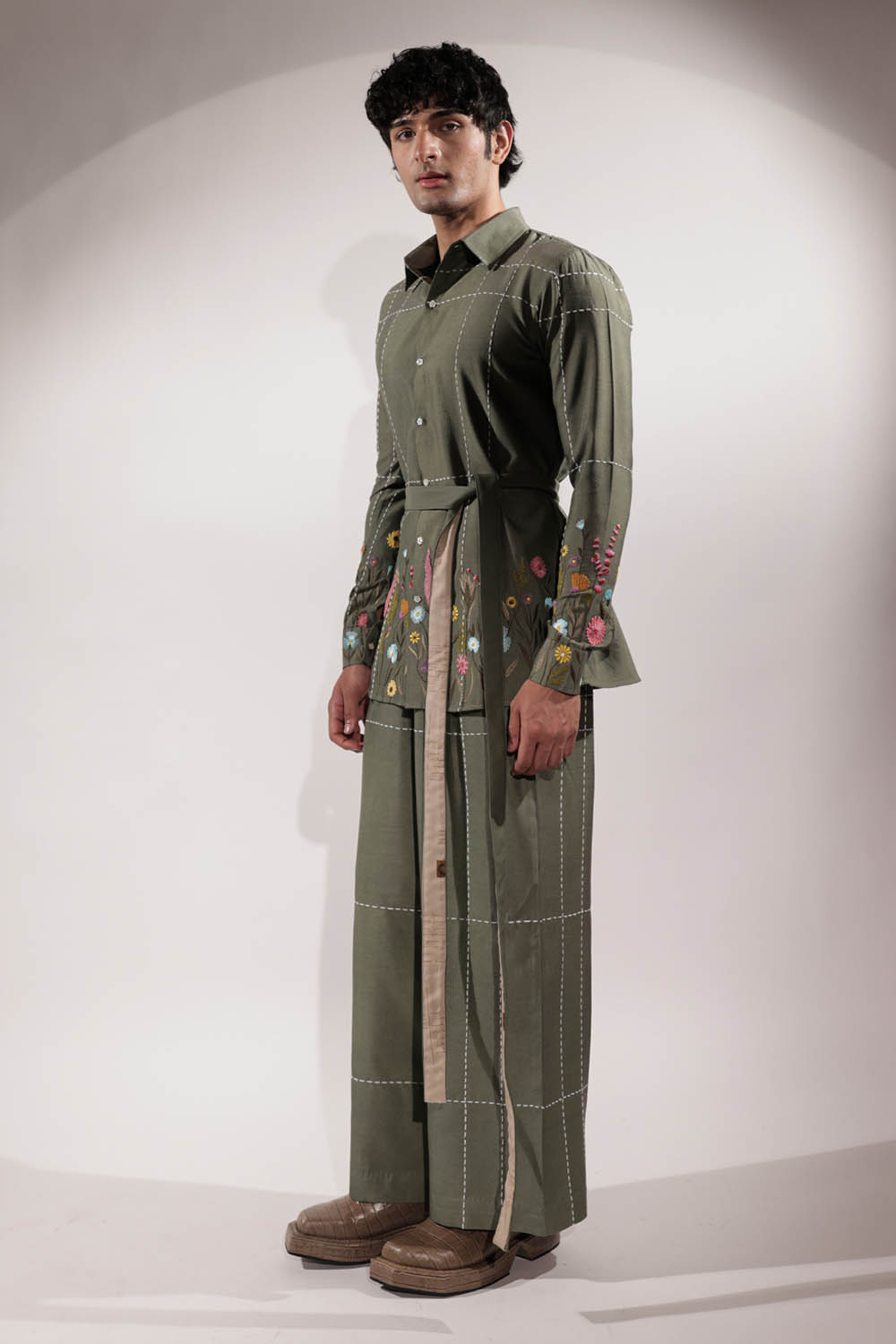 Green Kantha & Floral Embroidered Shirt