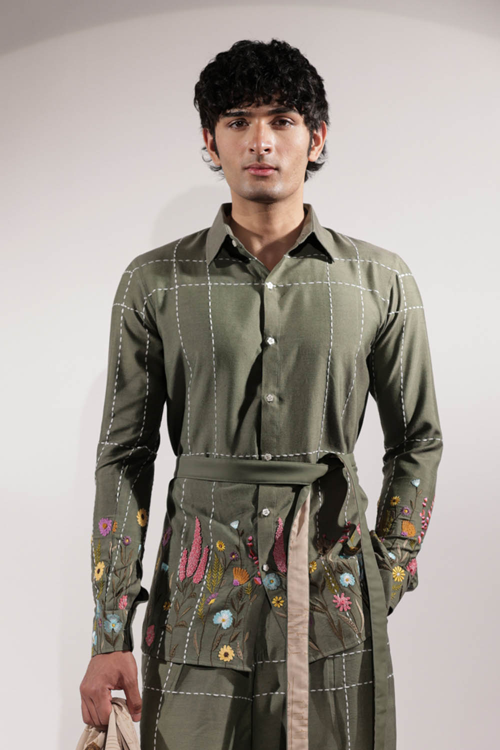 Green Kantha & Floral Embroidered Shirt