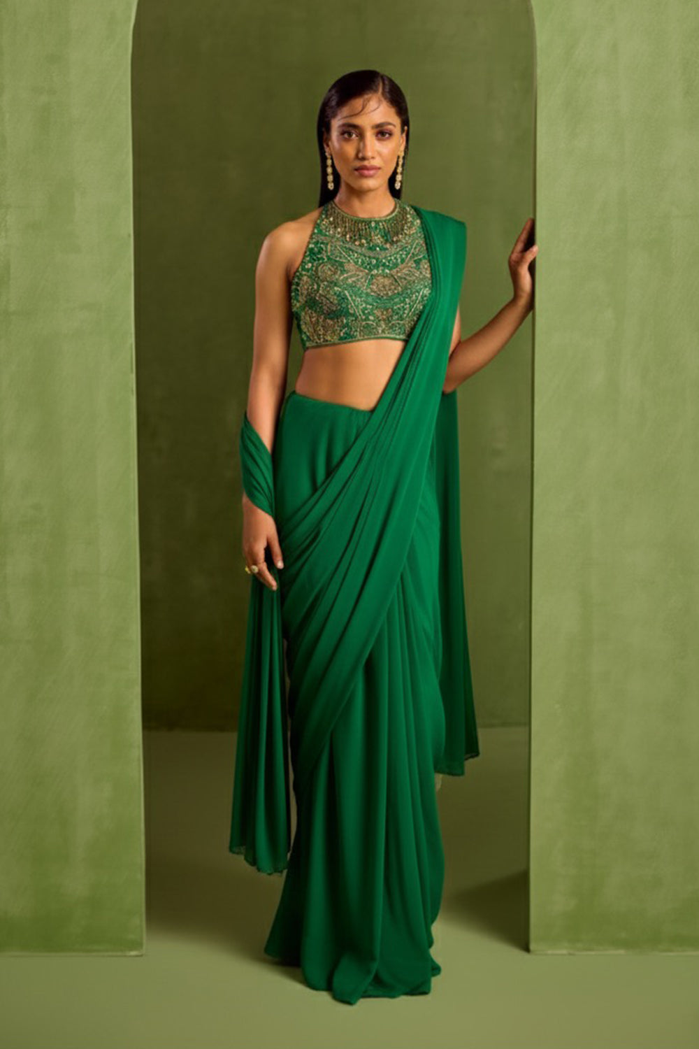 Green Pre Draped Saree Set