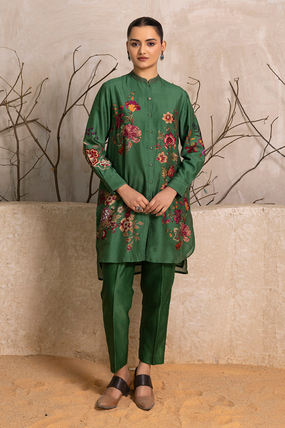 Green Silk Chanderi Floral Printed Shirt Style Tunic