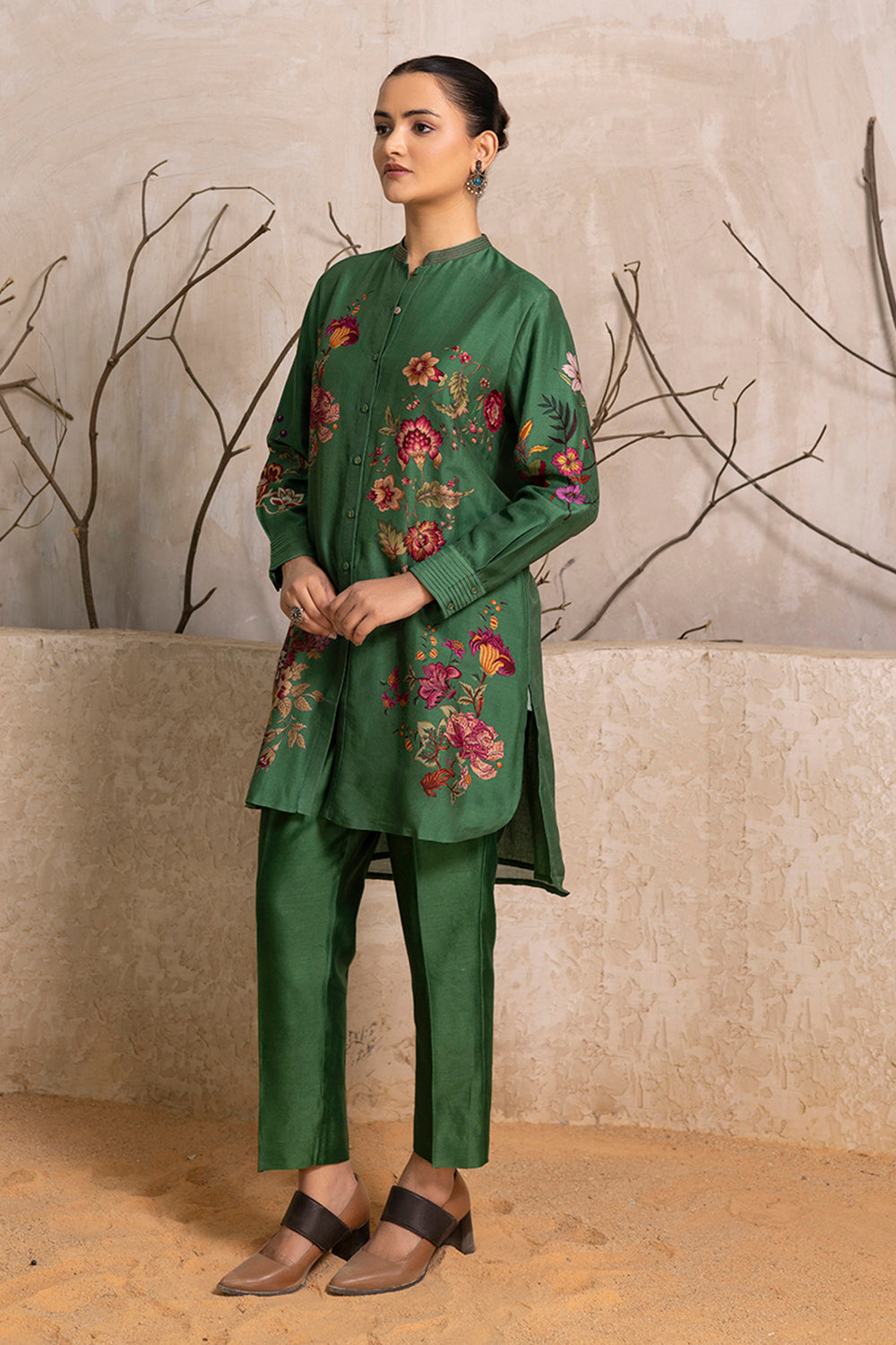 Green Silk Chanderi Floral Printed Shirt Style Tunic