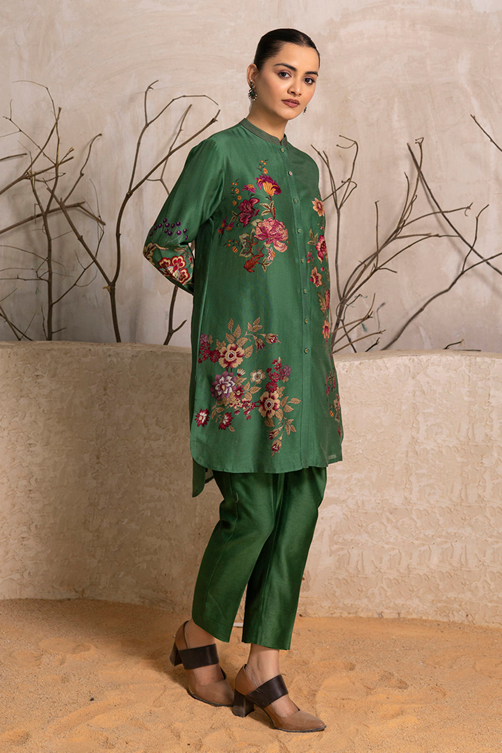 Green Silk Chanderi Floral Printed Shirt Style Tunic