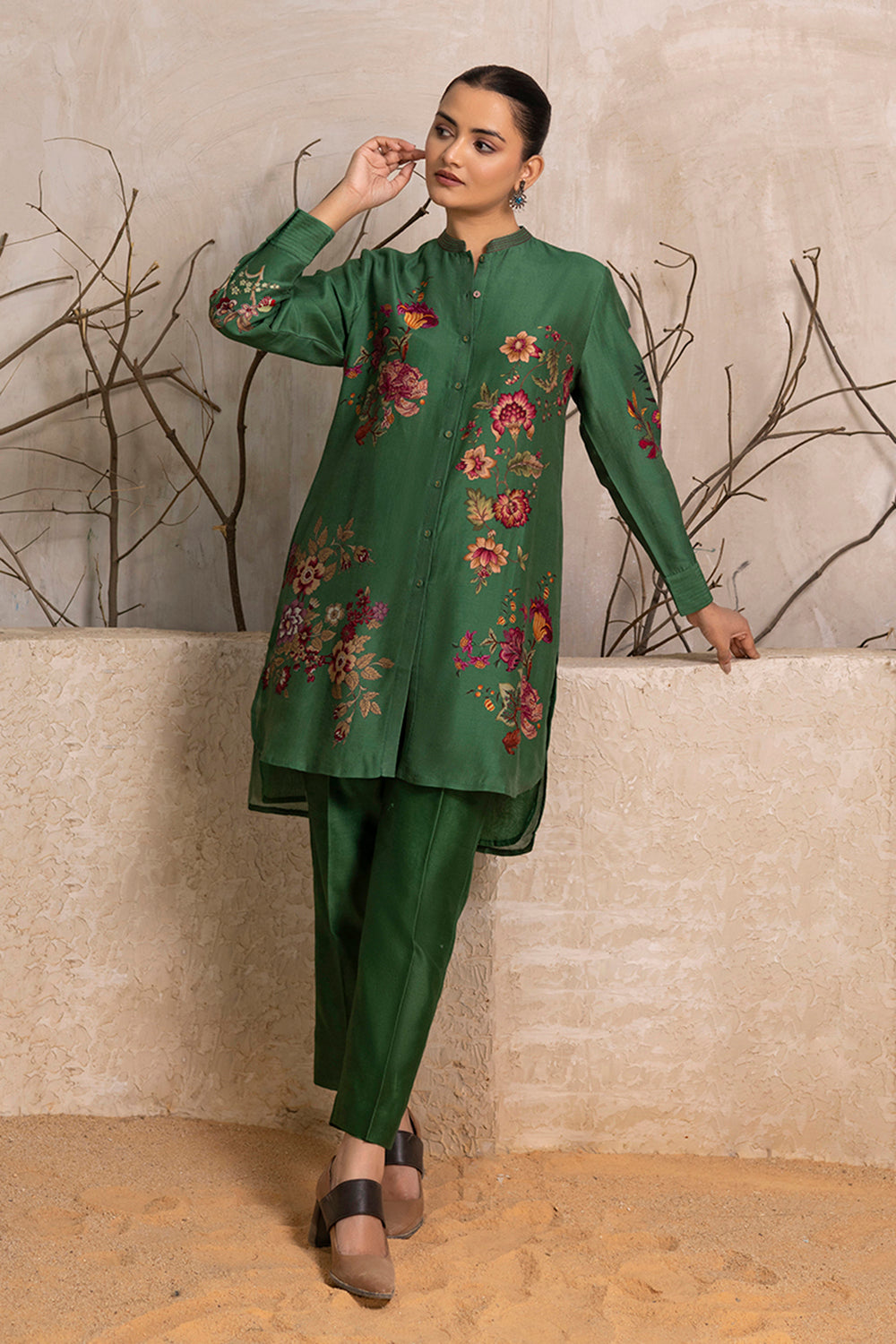 Green Silk Chanderi Floral Printed Shirt Style Tunic