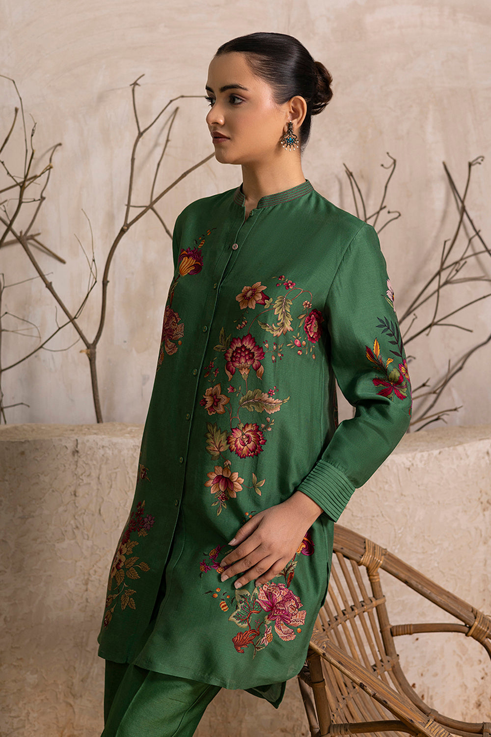 Green Silk Chanderi Floral Printed Shirt Style Tunic
